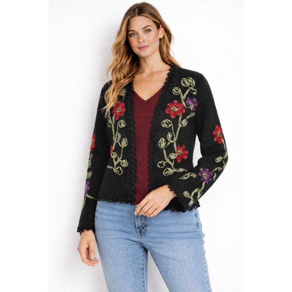 Carson Vintage Wool Floral Ribbon Open Cardigan Sweater Womens Medium Black Red